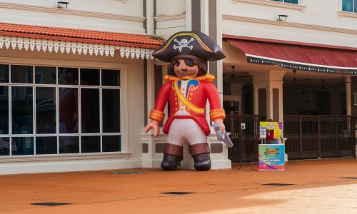 Port Dickson, Malaysia - Nov 19, 2021: Inflatable tube Lego Pirate character at the Ehsan Waterpark.